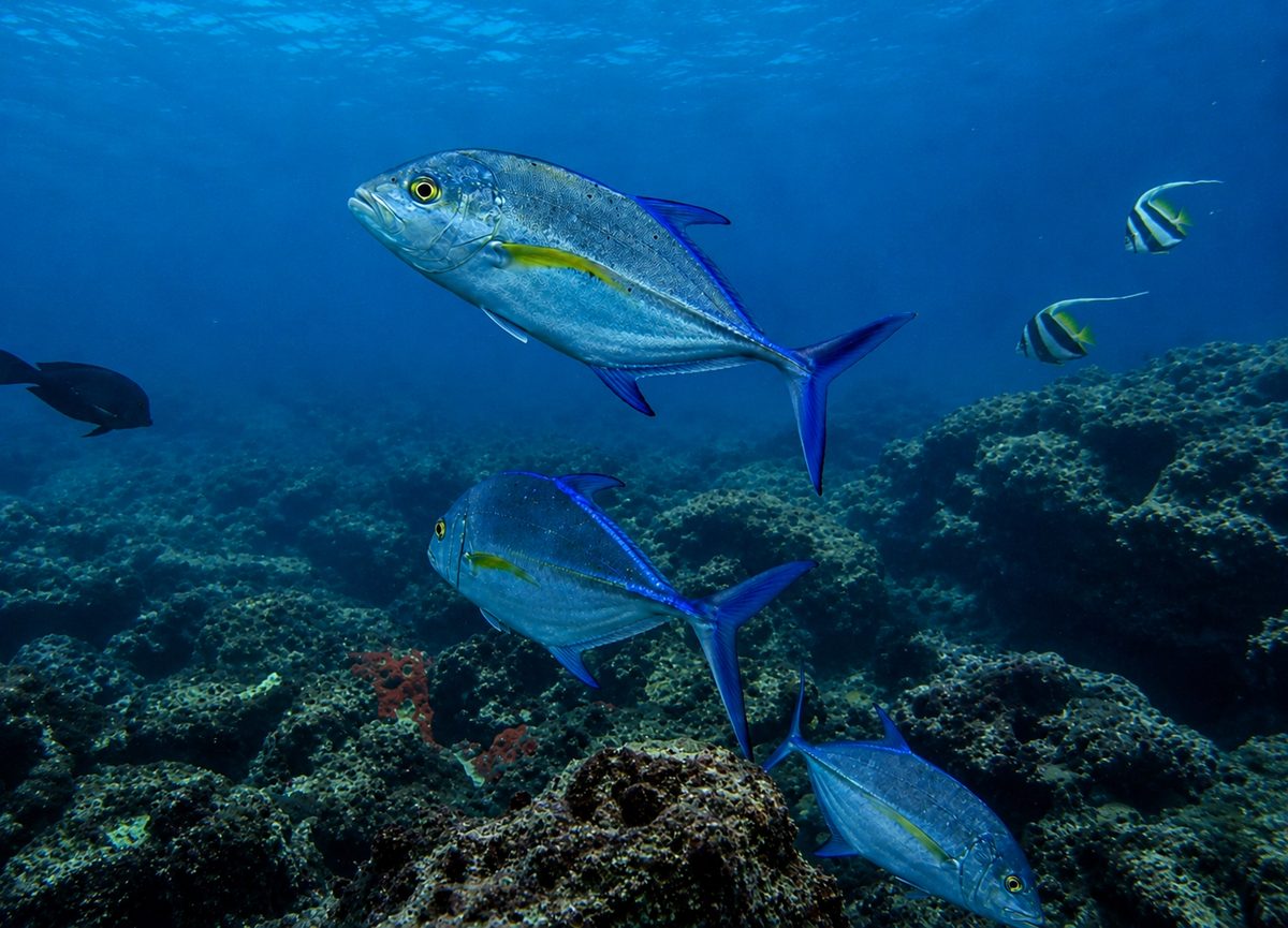 Two blue-finned trevally cruise above a rocky reef at Lighthouse, Havelock, moorish idols in the distance