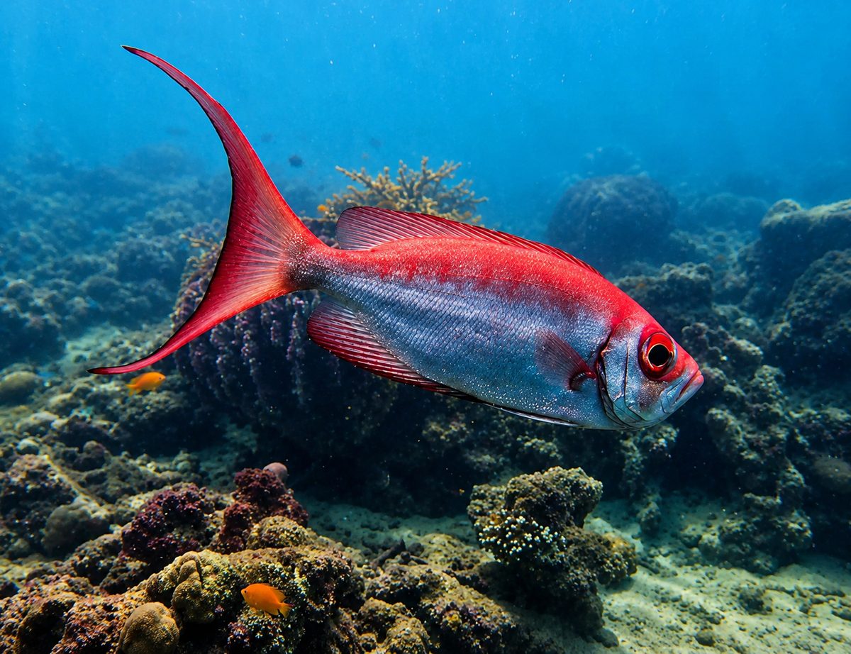 A ruby snapper hovers above the colourful reef at Red Pillar, Havelock, its crimson fins catching the light