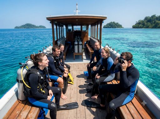 A group of friends in wetsuits gearing up on the dive boat off Havelock