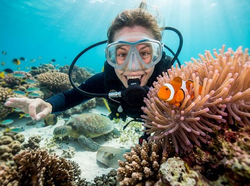 A diver's GoPro selfie beside a clownfish anemone on the reef
