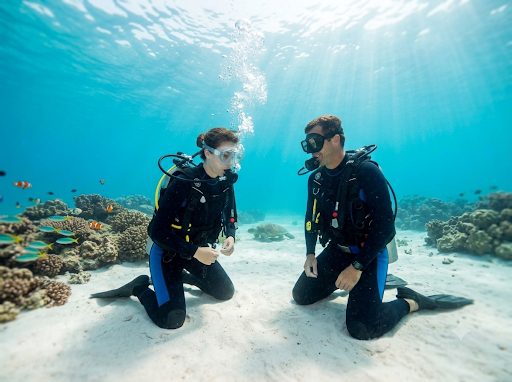 A PADI instructor guiding a student diver in clear shallow water