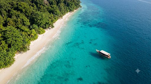 Aerial view of a dive boat on turquoise water beside a forested Havelock beach