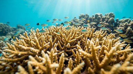 A golden staghorn coral colony with reef fish drifting above at Havelock