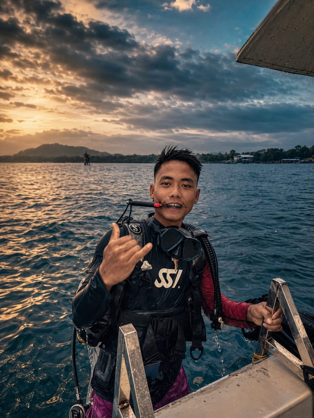 A Scuba India instructor in SSI gear giving a shaka after a dive, sunset over Havelock behind